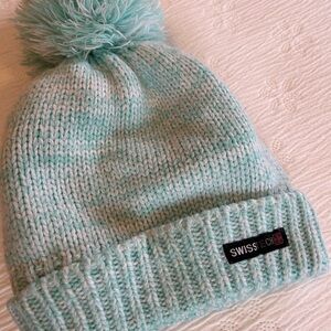 Swiss Tech Pom Pom Beanie hat aqua flannel lined knit